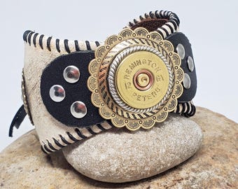 Baseball Cuff Bracelet 12 Gauge Shotshell Concho Leather Cuff - Bullet Cuff Shotgun Casing Bracelet - Southwest Style Jewelry Baseball Theme