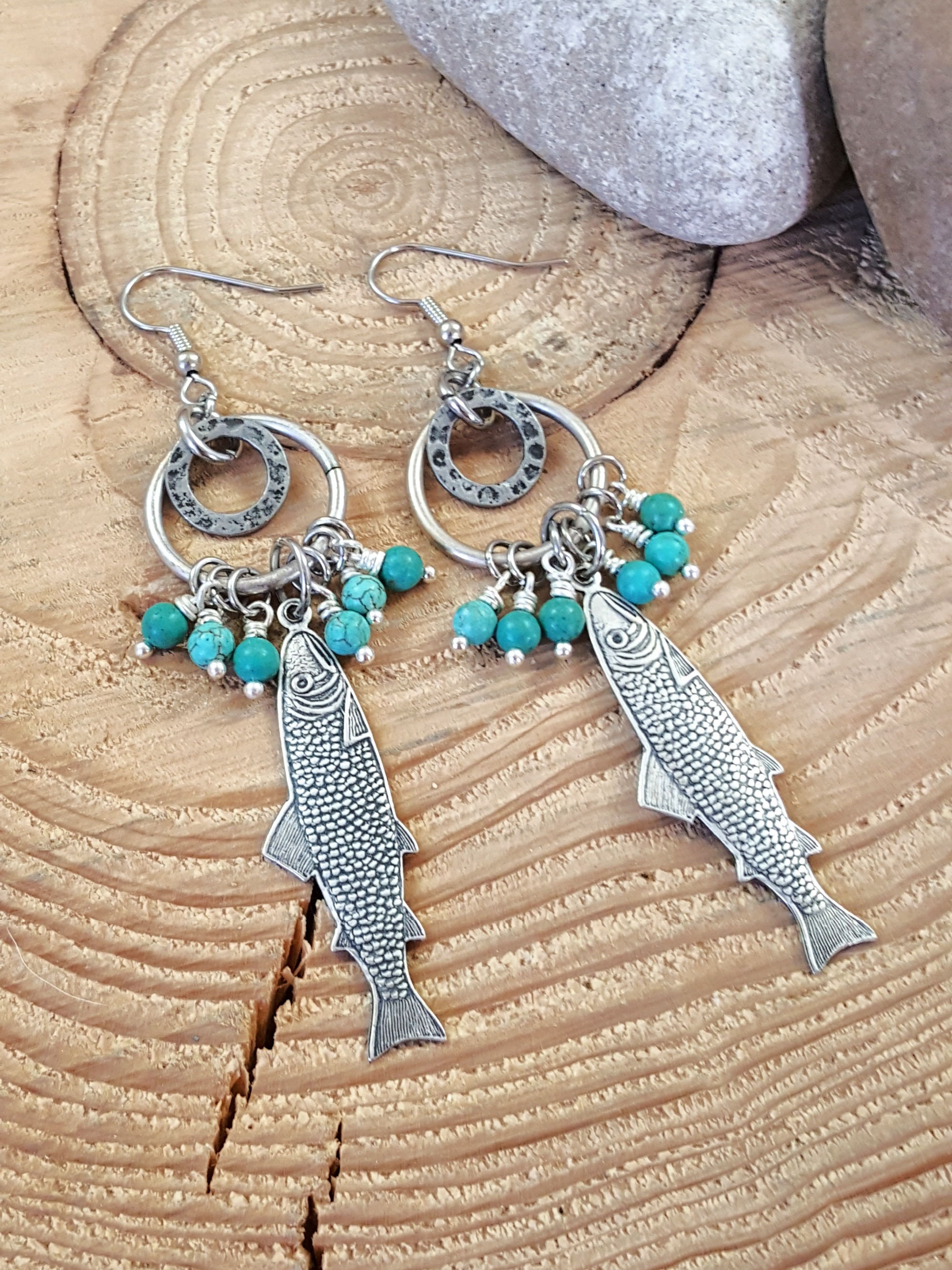 ターコイズジュエリー - 釣りテーマ - 魚のイヤリング - アンティーク 