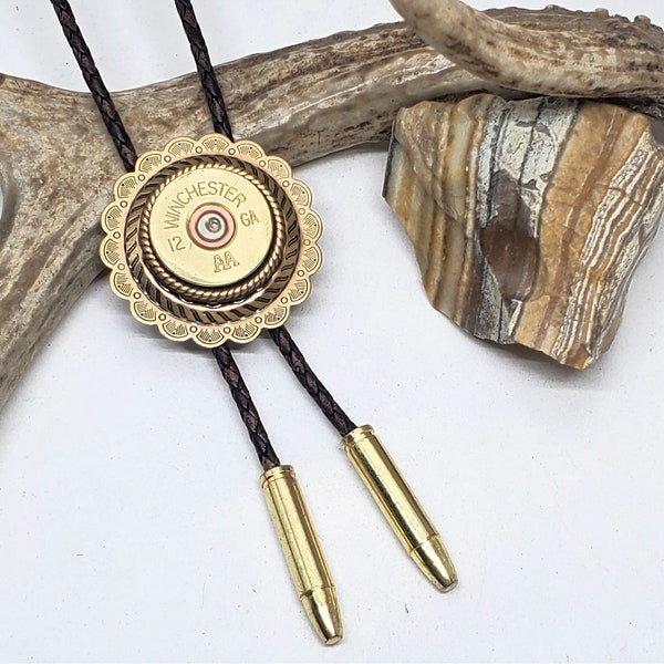 Bolo Tie - Men's Accessories - Bullet Accessories - Groomsmen Gifts - Concho Style Handcrafted Shotgun Casing Leather Bolo Tie - Unisex