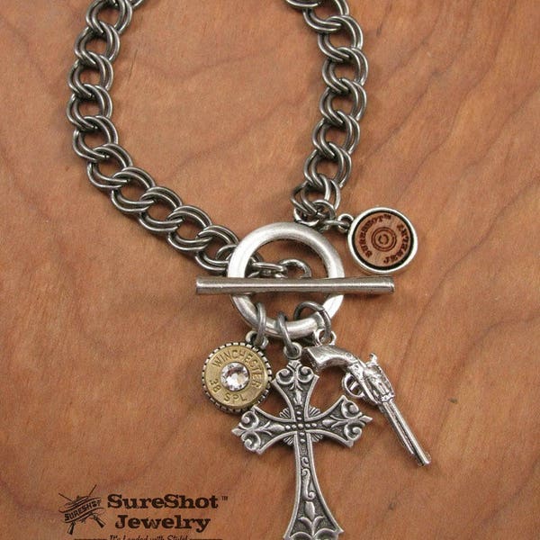 Bullet Jewelry - Bullet Bracelet - God and a Gun Silver Charm Bracelet  - Cross, Pistol and Bullet Charm Bracelet - SureShot Jewelry