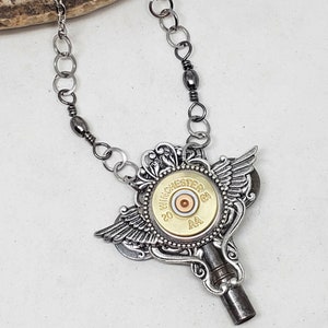 Winged Jewelry Bullet Jewelry Steampunk Style Necklace 20 Gauge Shotshell Winged Skeleton Key Necklace Biker Girl Ammo Jewelry image 6