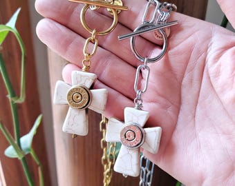 Howlite Cross Choker Bullet Necklace, 45 Auto Casing Pendant, Stainless Paperclip Chain, Western Faith Jewelry, Gun Girl Cross