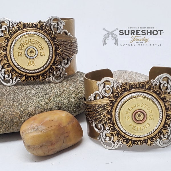 Bullet Jewelry - Shotgun Casing Jewelry - 12 Gauge Winged Shotshell SMOOTH Brass Cuff Bracelet - BEST SELLER! - Steampunk - Western Boho