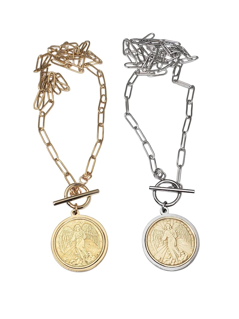 Guardian Angel Coin Necklace - Paperclip Chain Toggle Necklace - Coin Jewelry - BEST SELLER! - Inspirational Gift - Religious Gift Idea - Key of A Upcycled Jewelry