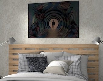 May include: Bedroom interior with a wooden headboard, a bed with pillows and a blanket, and a large window. A piece of art with a person in a tunnel is above the bed. Two gray lamps are on either side of the bed.