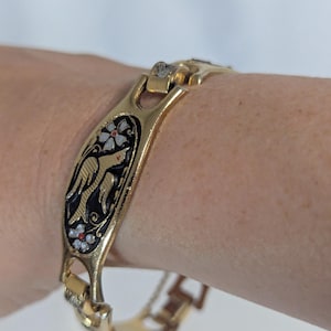 Bracelet en faïence damasquinée plaqué or avec oiseaux et fleurs