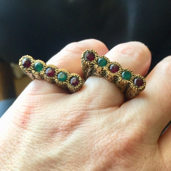 Handmade brass natural ruby emerald stack ring ooak engraved crude cut primitive