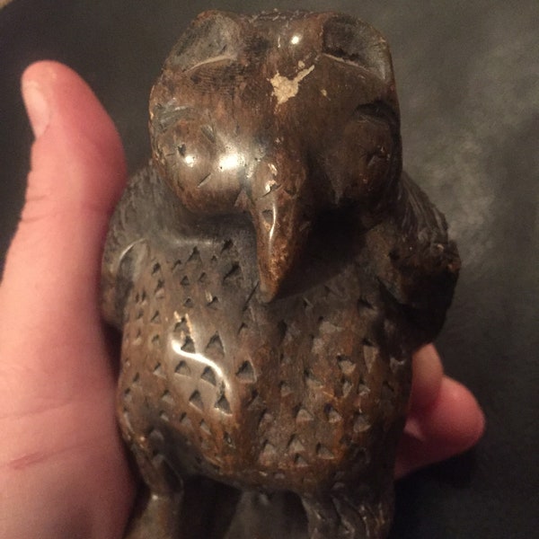 Hand carved ooak artisan signed stone owl Swaziland artist original sculpture bird   of prey Halloween Africa