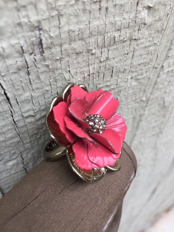 Vintage metal peony flower statement ring rhinest… - image 3