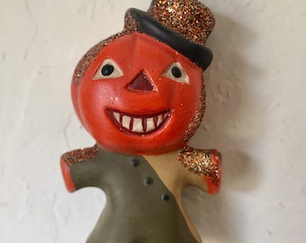 Ooak hand painted ceramic jol jack o lantern ornament Halloween primitive vintage