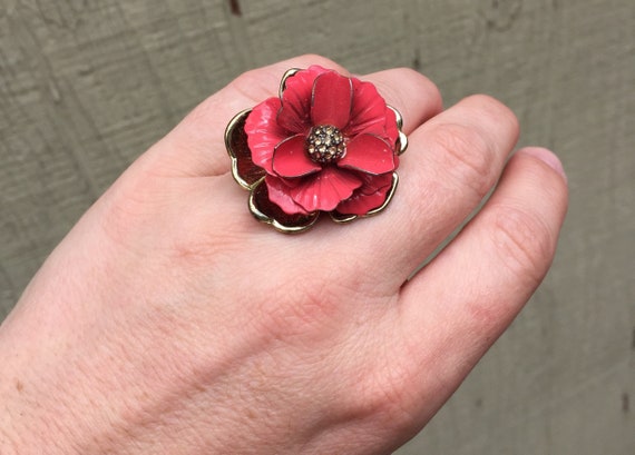 Vintage metal peony flower statement ring rhinest… - image 1