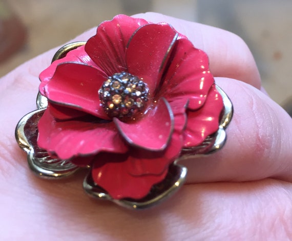 Vintage metal peony flower statement ring rhinest… - image 8