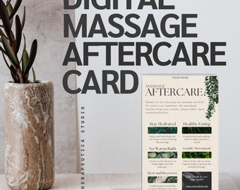 May include: A digital massage aftercare card with a green and white tropical leaf design. The card includes tips for staying hydrated, healthy eating, gentle movement, and rest and recovery after a massage. The text on the card reads "Massage Aftercare".