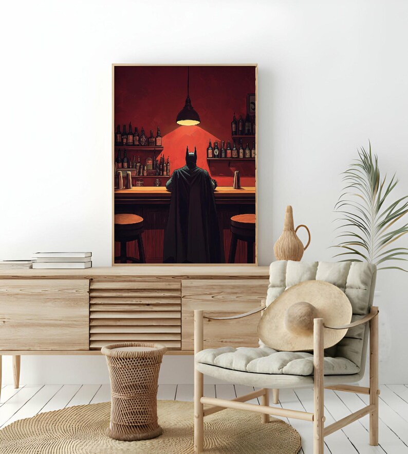 Batman Drinking BEER Poster, Retro Style Superhero Wall Art, Cool