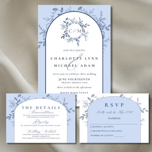 Blue and White Elegant Classic Southern Wedding Invitation Suite Template Customizable, RSVP Card, Detail Card, Invite