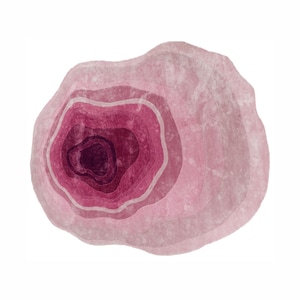 Può includere: Un tappeto rosa e viola con un design organico a strati. Il tappeto presenta cerchi concentrici di varie tonalità di rosa e viola, creando un motivo astratto strutturato. La forma del tappeto è irregolare, aggiungendo alla sua estetica unica.