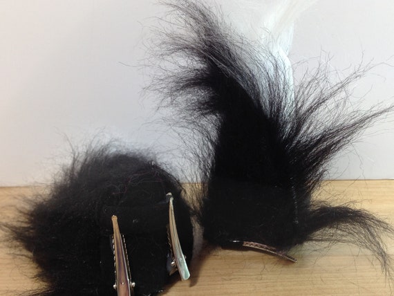 Long Fur Black Cat Ears With White Tips On Hair Clips Etsy