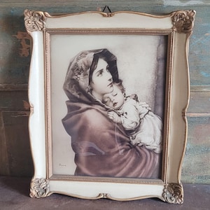 Vintage Italian Frame with Madonna and Child Print. 1950s. Signed.