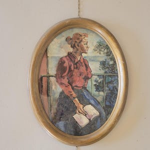 Vintage Italian Painting of a Lady by the Sea 1960s