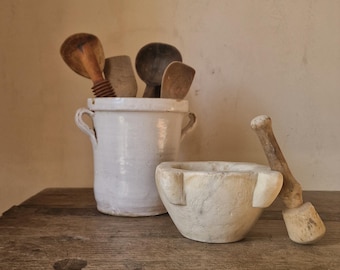 Antique Italian Marble Mortar and Wooden Pestle. Early 20th Century.