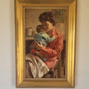 Original Italian Oil Painting on Panel. Mother and Baby. Giovanni Parlato.
