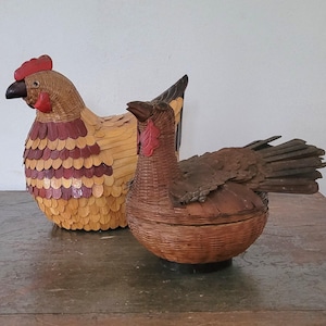 Pair of Vintage Hen and Turkey Egg Baskets/Egg holders/Chicken Wicker Basket