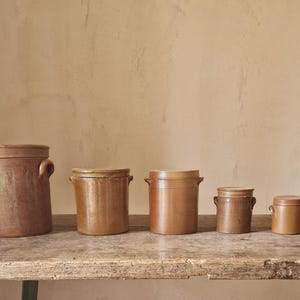 Set of 6 Vintage French Stoneware Pots with Lids. Confit Pots. Glazed.