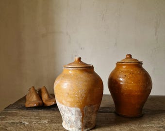 Pair of Antique Italian Terracotta Olive Oil Pots, Antique Ceramic Vase, Earthenware Early 1900s