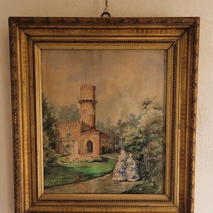 Antique Italian Watercolour. Gilt frame. Signed. 19th century.