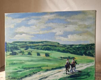 Original Ölgemälde auf Leinwand. Signiert. 1958. Pferde und Reiter auf dem Feldweg.