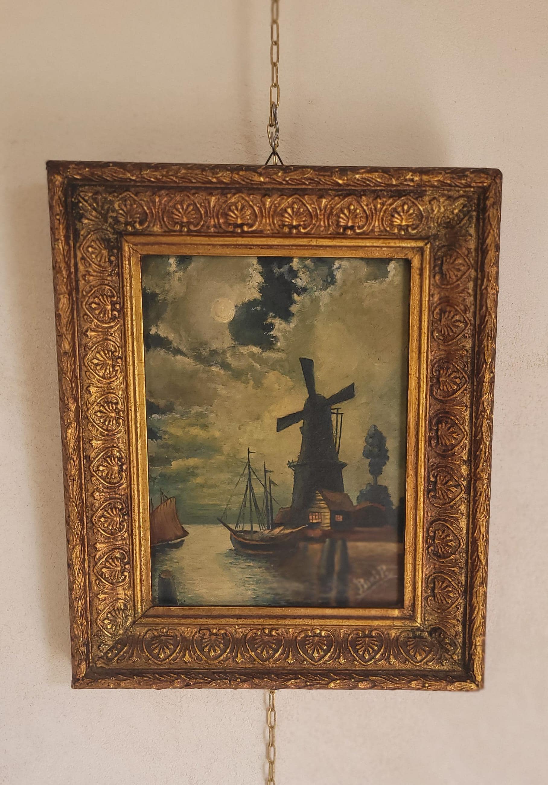 Antique Italian Oil Painting. Harbour Scene with Windmill. Paolo Bini 1947