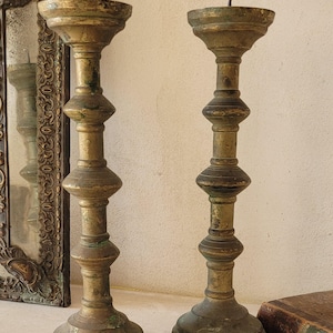 Pair of Antique Italian Brass Church Candlesticks 18th/19th Century
