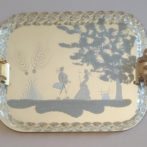 Vintage Italian Murano Glass Mirrored Tray, Etched Venetian Scene, Gold Handles – Mid-Century Italian Vanity Tray
