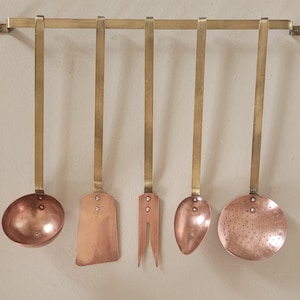 Vintage French Copper and Brass Kitchen Utensils Rack, Set of 5. Rustic Kitchen