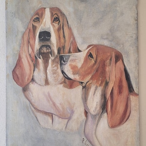 Vintage Painting of Basset Hounds. 1929. Signed. Dog Portrait. Antique Dog Painting.