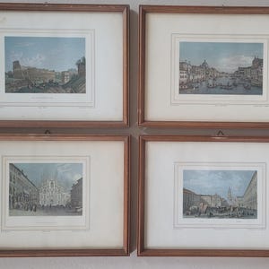 Conjunto de cuatro grabados antiguos de Venecia, Milán, Florencia y Roma, década de 1940