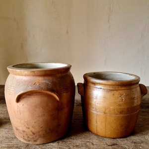 RESERVED Pair of Vintage French Stoneware Pots. Confit Pots. Glazed. Antique Utensil Pots.