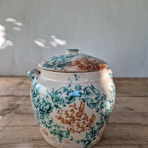 Può includere: Un barattolo in ceramica con coperchio su base color crema, decorato con motivi maculati in verde acqua e marrone ruggine. Il barattolo presenta due piccole maniglie laterali e un corpo arrotondato, con un aspetto strutturato e artigianale.