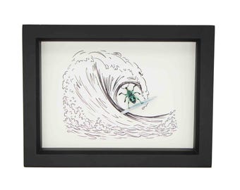 Diorama artístico de escarabajos surfeando, 6x8 pulgadas, con protección UV.