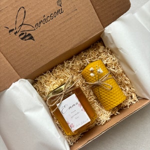 Favor gift box with transylvanian Organic honey and handcrafted natural Beeswax candle
