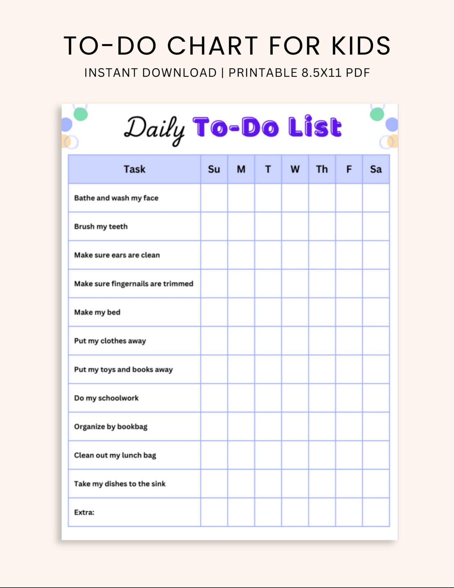 Printable Kids To-do List Activity Chart - Etsy