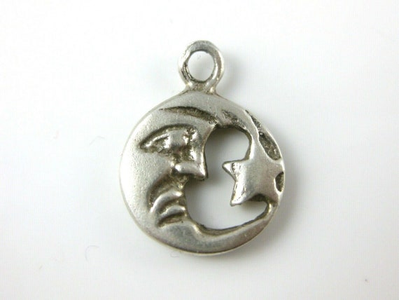 STERLING SILVER CRESCENT MOON FACE WITH STAR CHARM//PENDANT