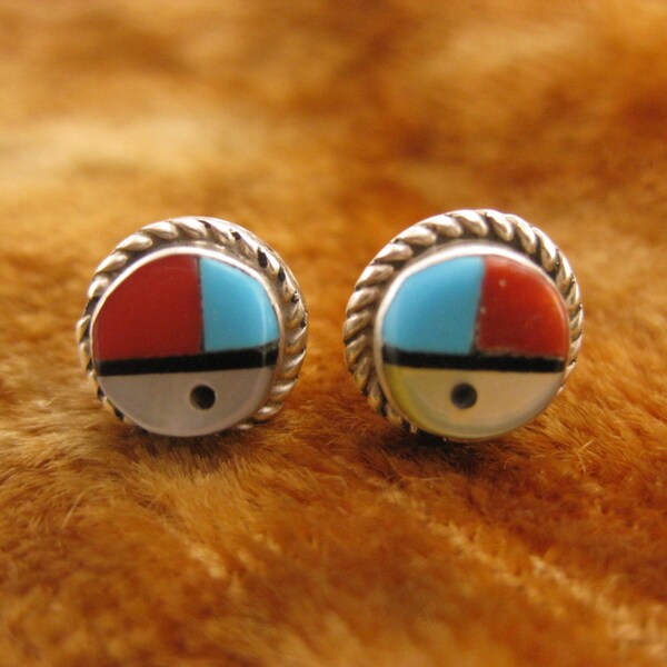 Vintage Native American Sterling Silver Inlay Stone Sun Face Earrings - Pierced Ear Earrings