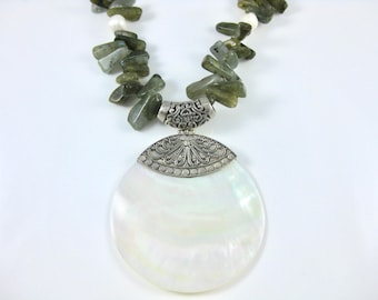 Vintage Large Sterling Silver Mother of Pearl and Labradorite with Pearls 20 Inch Necklace