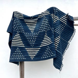 Vintage African Indigo Wrapper: Handwoven Resist-Dye Mali Throw Blanket