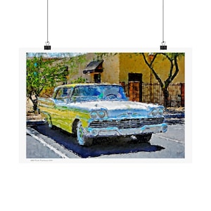 Vintage Car Painting Matte Horizontal Poster, Ford Fairlane 500 Wall Art Decor, Classic Automotive Art Print, Retro Car Lover Gift,