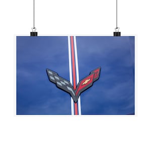 Chevrolet Corvette Stingray classic car logo emblem banner and hood ornament for car lovers' garages, man caves, and offices.