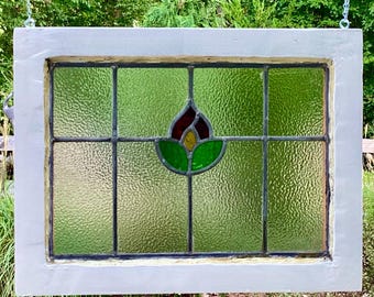 Antique Stained Glass Panel: Restored Leaded Flower Window Art