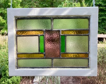 Antique Stained Glass Panel: Art Deco Geometric Window
