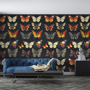 Butterfly Wallpaper - Colorful Butterflies on Dark Background | Peel and Stick Wallpaper | Removable Wallpaper